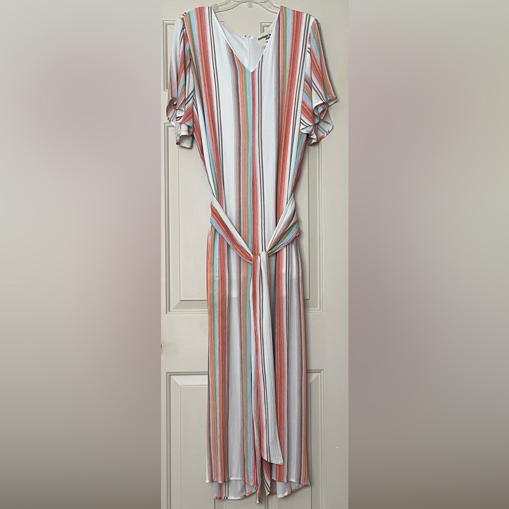 Savanna Jane V-Neck Flutter Sleeves Striped Belted Wide Leg Jumpsuit 1X